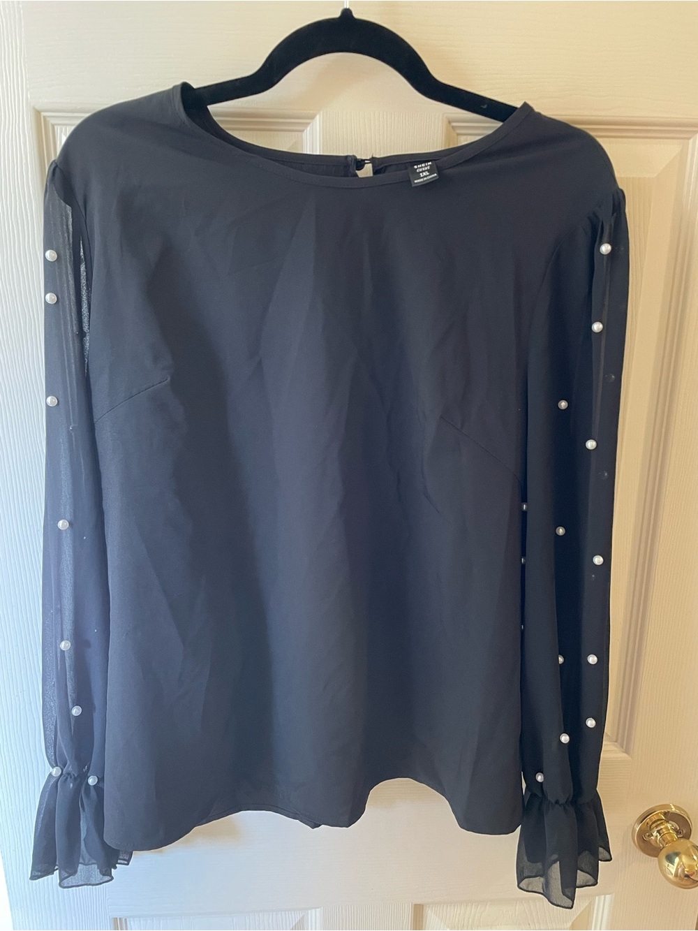 SHEIN Black Pearl-Trim Sheer Sleeve Blouse